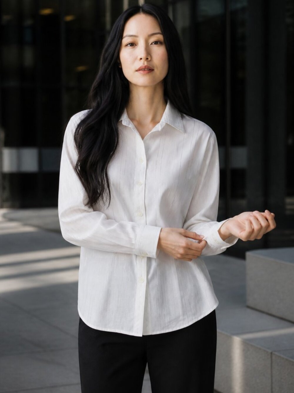 STYLE & CO. Stretch, Elegant White Metallic Striped Button-Up Blouse, Size 14